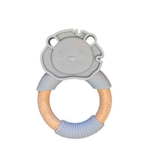 Massaggiagengive in silicone e legno d' acero azzurro a forma di leone